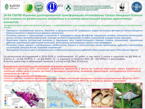 Изучение долговременной трансформации энтомофауны Северо-Западного Кавказа и ее влияния на региональные экосистемы в условиях нарастающей инвазии адвентивных элементов